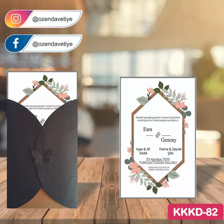 ozen-davetiye-Düğün Davetiyesi - Kahverengi Kelebekli Kraft Zarflı Davetiye Model No:82